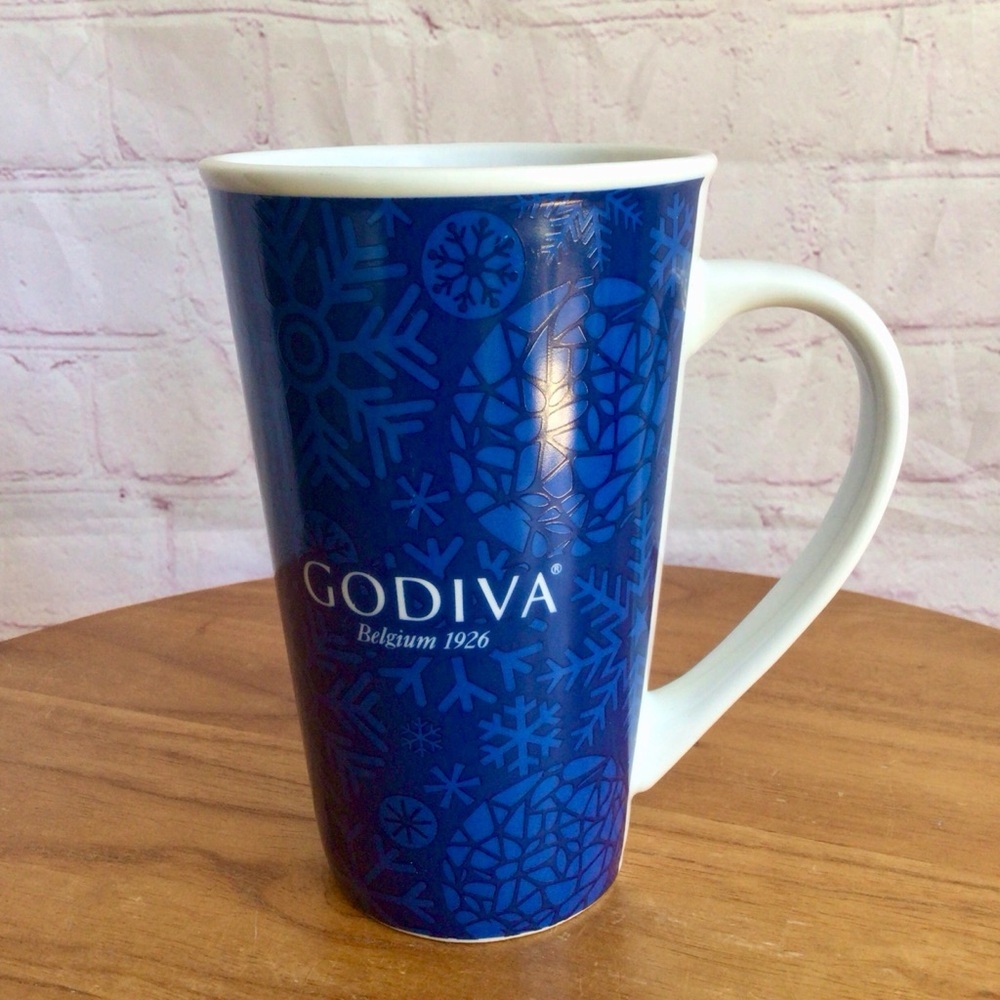 Godiva Belgium White and Blue Snowflake Ceramic Mug